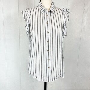 Maeve Anthopologie White and Navy Blue Ruffle Sleeve Button Down Top XS